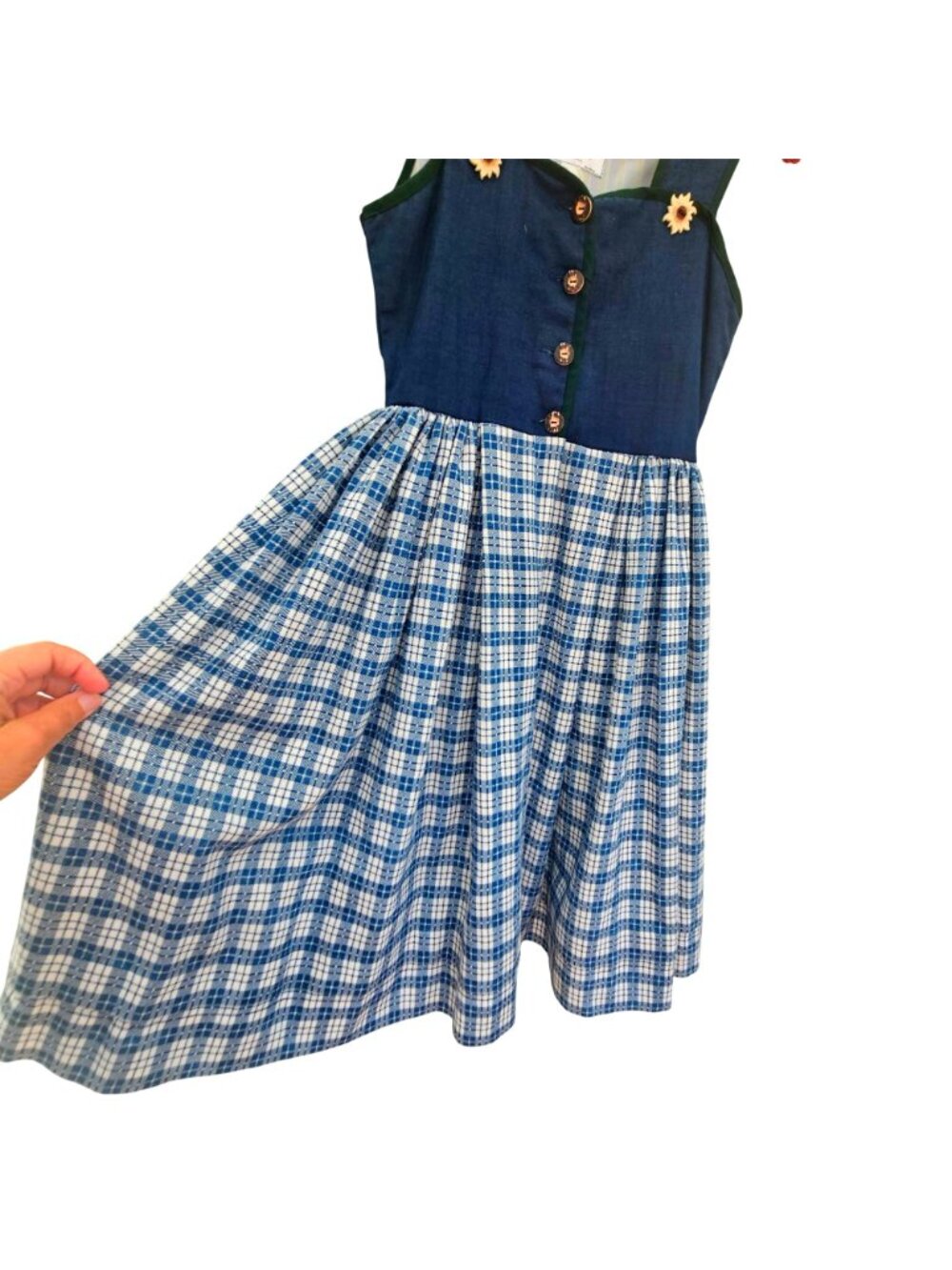 Vintage 80s 90s Handmade Dirndl Dress Blue and White Cotton Polyester XXS - Picture 9 of 16